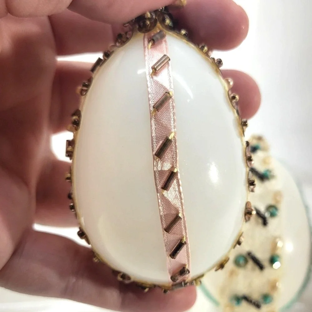 Vintage Glass Beaded Eggs Ornaments Set of 4 Embellished‎ Handcrafted Pink Green